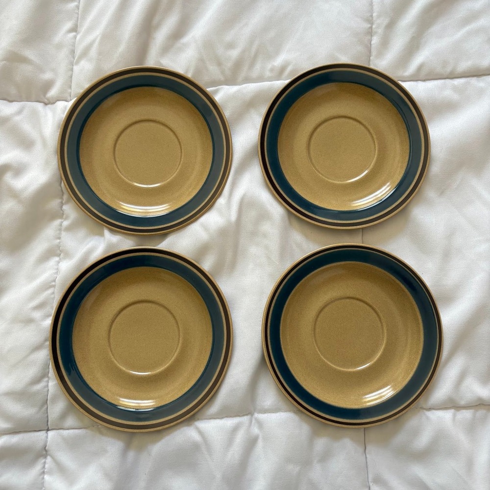 Vintage Newcor Japan Stoneware Saucers Set of 4 Tan Blue Brown 1986 No. 169
